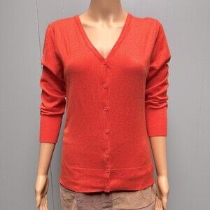 MAK V Neck Cardigan Orange Sweater with Buttons 3/4 Sleeve Slim Fit Size Medium